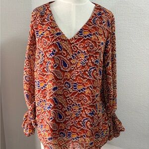 1 State Women's Paisley V-Neck Blouse - Red and Blue, orange. Ruffle sleeves